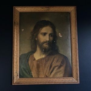 Large Vintage Distressed Faux Oil Painting Jesus